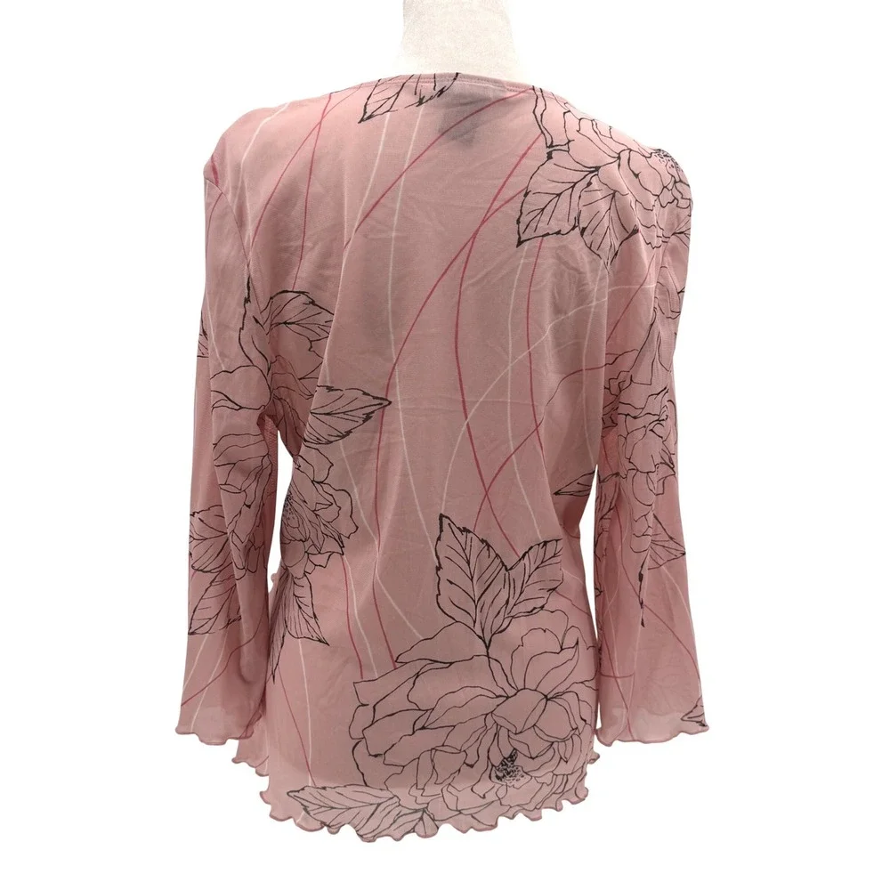 Vintage Y2K The Limited Blouse XL Faux Wrap Sheer Floral Rhinestone Lettuce Hem - Picture 6 of 9